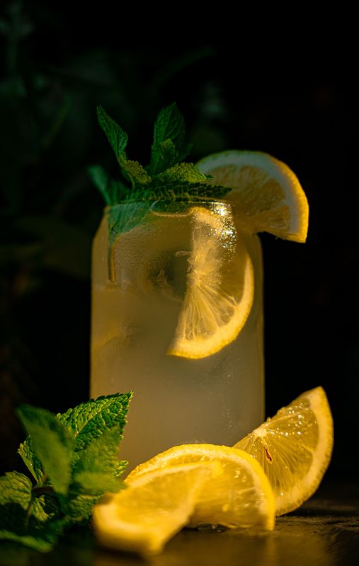 Hausgemachte Limonade mit Zitronenscheiben, frischer Minze und Eis