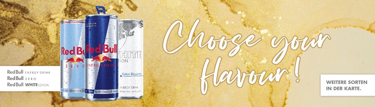 Red Bull Energy Drink, Zero und White Edition — Choose your flavour. Weitere Sorten in der Karte.